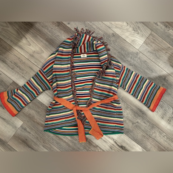 Marine Layer Alamere Long Fringe Multi Stripe Belted Cardigan Sweater - Picture 2 of 5